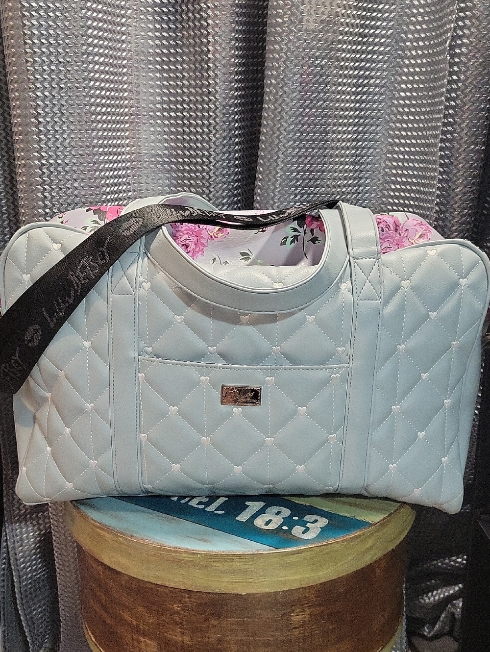 Betsey Johnson Quilted Light Blue Travel Duffel with Floral Lining